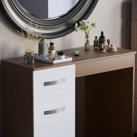 Hulio Dressing Table 3 Drawer High Gloss Makeup Vanity Storage Desk, Walnut-&-White