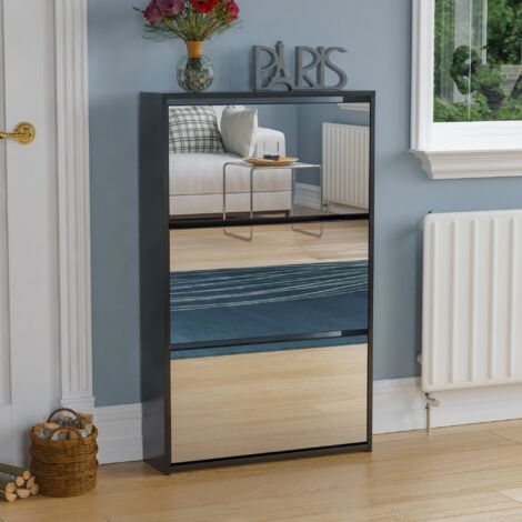 Welham 3 Drawer Mirrored Shoe Cabinet Hallway Storage Cupboard Stand, Black