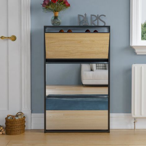 Welham 3 Drawer Mirrored Shoe Cabinet Hallway Storage Cupboard Stand, Black