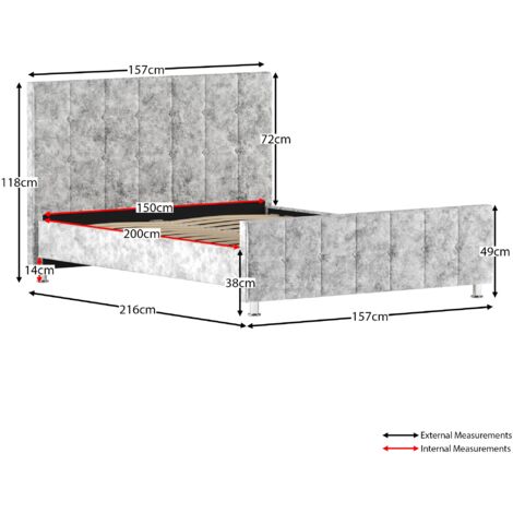 Valentina 5ft King Size Fabric Bed Frame, Crushed Velvet Silver, 200 x 150 cm