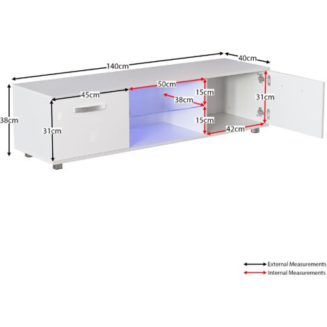 Cosmo LED TV Cabinet Stand 2 Door Modern High Gloss Cabinet Unit, 140cm, White