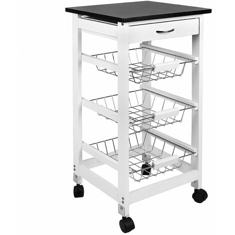 3 Tier Kitchen Trolley Wooden Portable Cart Serving Trolley Cabinet, White
