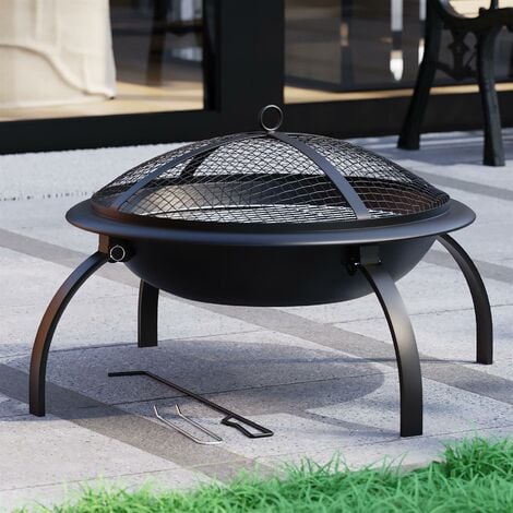 Round Steel Fire Pit Large BBQ Grill Patio Garden Bowl Outdoor Camping Heater Log Burner
