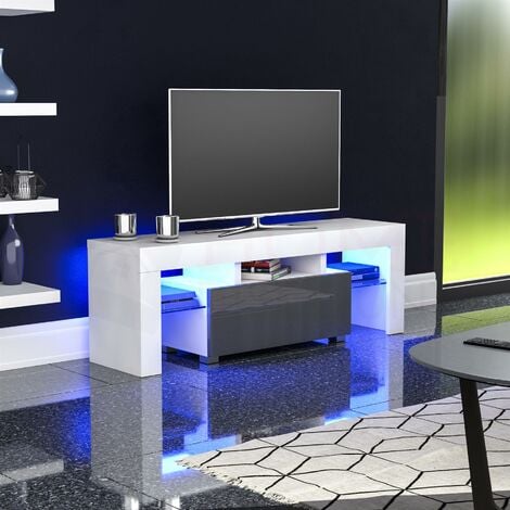 Luna LED TV Unit Cabinet Stand 1 Drawer Modern High Gloss Cabinet Unit, White & Grey