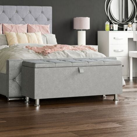 Valencia Storage Ottoman Bench Bedding Blanket Box Hallway Bedroom Chest, Light Grey Velvet