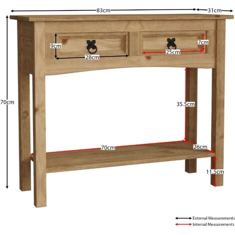 Corona 2 Drawer Console Table With Shelf Solid Pine Side End Hallway Table