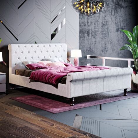 Violetta 5ft King Size Fabric Bed Frame, Light Grey Velvet, 200 x 150 cm