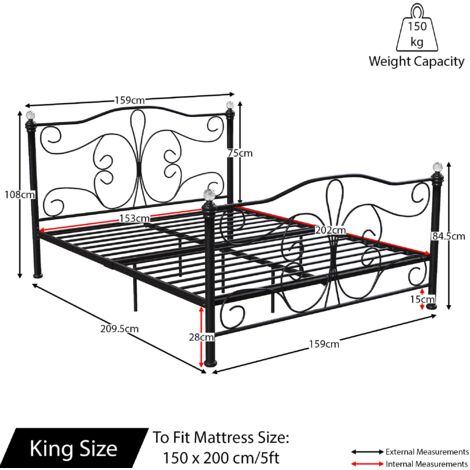 Chicago 5ft King Size Metal Bed Frame, Black, 200 x 150 cm