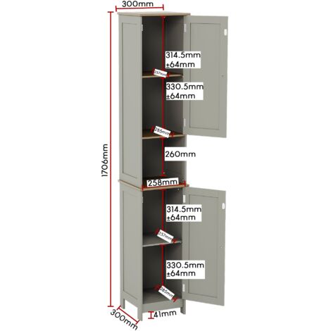 Priano 2 Door Tallboy Freestanding Bathroom Cabinet Cupboard, Grey-&-Oak