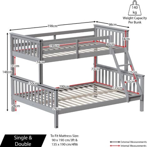 Milan Triple Sleeper Solid Pine Wood Detachable Bunk Bed, Single & Double Bed, Grey