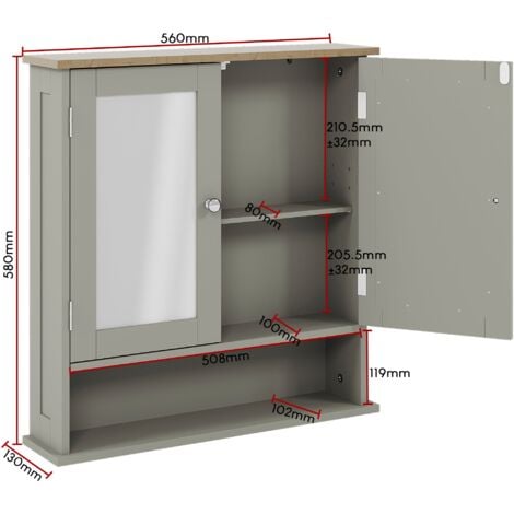 Priano 2 Door Bathroom Cabinet With Shelf Mirrored Wall Mounted Cabinet, Grey