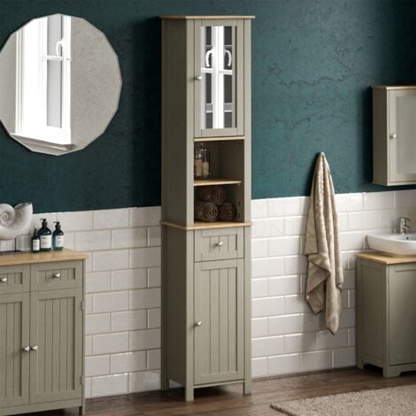 Priano 2 Door Tallboy Freestanding Mirrored Bathroom Cabinet Cupboard Grey