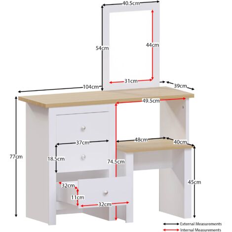 Arlington Dressing Table & Mirror Set 3 Drawer Stool Vanity Table, White