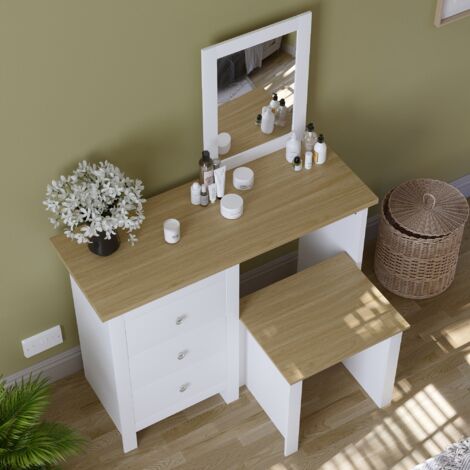 Arlington Dressing Table & Mirror Set 3 Drawer Stool Vanity Table, White