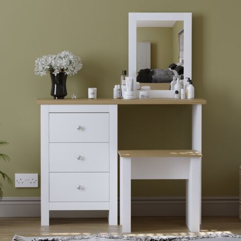 Arlington Dressing Table & Mirror Set 3 Drawer Stool Vanity Table, White