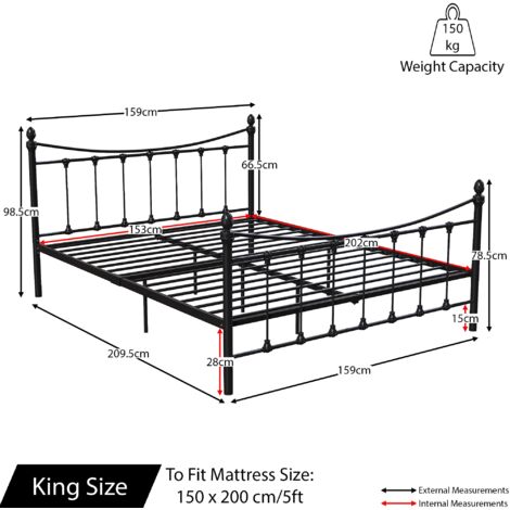 Paris 5ft King Size Metal Bed Frame, 150 x 200 cm, Black