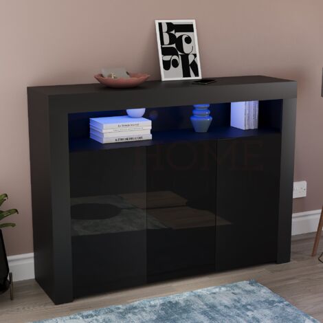 Nova LED Sideboard 3 Door Modern High Gloss Storage Cabinet Cupboard, Black