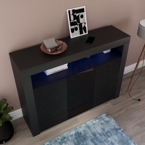 Nova LED Sideboard 3 Door Modern High Gloss Storage Cabinet Cupboard, Black