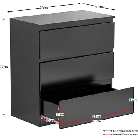 Denver 3 Drawer Chest of Drawers Bedroom Storage Furniture, Black