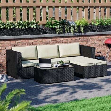 Hampton Rattan Garden Furniture 4 Seater Outdoor Corner Sofa Table Set, Black