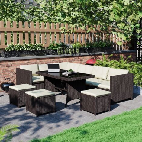 Belgrave Rattan Garden Furniture 9 Seater Outdoor Corner Sofa Stool Table Set, Brown