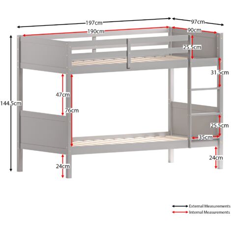 Gemini 3ft Single Wood Detachable Bunk Bed, 90 x 190 cm, Grey