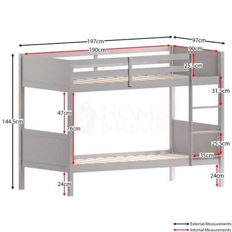 Gemini 3ft Single Wood Detachable Bunk Bed 2pc Underbed Drawers, Grey