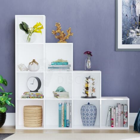 Durham 10 Cube Bookcase Staircase Shelf Wooden Display Storage Rack Free Standing Shelf Unit, White-0-Baskets