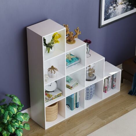 Durham 10 Cube Bookcase Staircase Shelf Wooden Display Storage Rack Free Standing Shelf Unit, White-0-Baskets