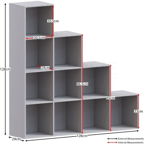 Durham 10 Cube Bookcase Staircase Shelf Wooden Display Storage Rack Free Standing Shelf Unit, Grey-0-Baskets