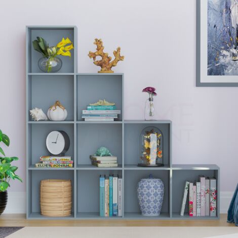 Durham 10 Cube Bookcase Staircase Shelf Wooden Display Storage Rack Free Standing Shelf Unit, Grey-0-Baskets
