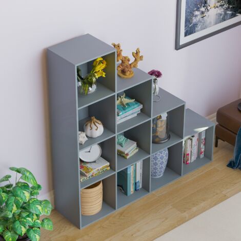 Durham 10 Cube Bookcase Staircase Shelf Wooden Display Storage Rack Free Standing Shelf Unit, Grey-0-Baskets