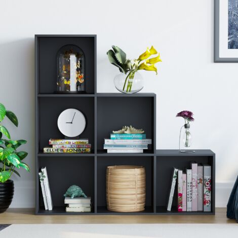 Durham 6 Cube Bookcase Staircase Shelf Wooden Display Storage Rack Free Standing Shelf Unit, Black-0-Baskets