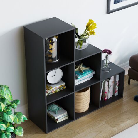 Durham 6 Cube Bookcase Staircase Shelf Wooden Display Storage Rack Free Standing Shelf Unit, Black-0-Baskets