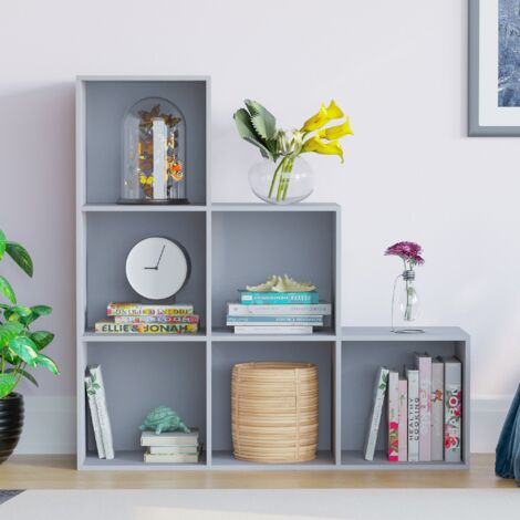 Durham 6 Cube Bookcase Staircase Shelf Wooden Display Storage Rack Free Standing Shelf Unit, Grey-0-Baskets