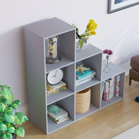 Durham 6 Cube Bookcase Staircase Shelf Wooden Display Storage Rack Free Standing Shelf Unit, Grey-0-Baskets