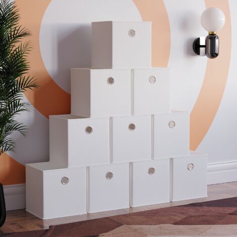 Foldable Storage Box Basket Cube Storage Bookcase Fabric Boxes, White-10-Baskets