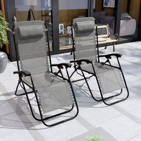 2x Zero Gravity Chair Recliner Outdoor Reclining Garden Sun Lounger Portable, Grey