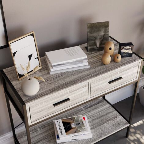 Brooklyn 2 Drawer Console Table Hallway Living Room Shelf Display Iron Legs, Grey