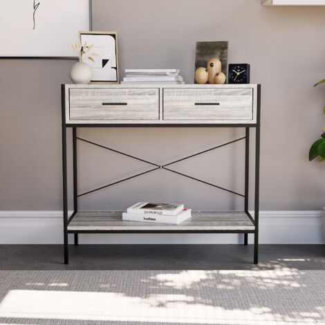 Brooklyn 2 Drawer Console Table Hallway Living Room Shelf Display Iron Legs, Grey