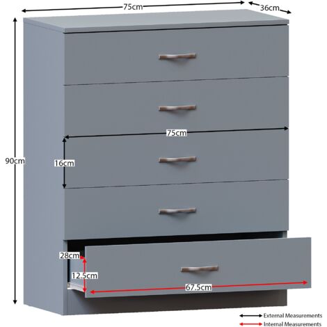 Riano 5 Drawer Chest of Drawers Bedroom Storage Furniture, Grey