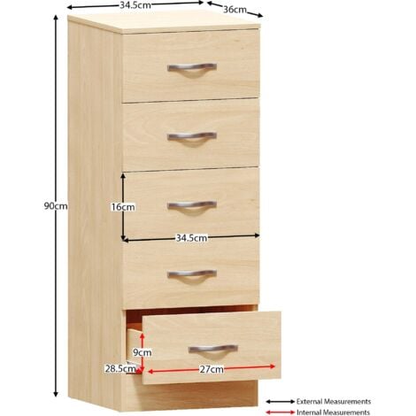 Riano 5 Drawer Narrow Chest Tall Storage Unit Bedroom Furniture Cabinet, Pine