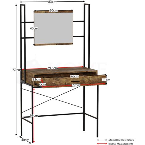 Brooklyn Industrial Dressing Table 1 Drawer Makeup Desk Vanity Set Bedroom Furniture, Dark Wood