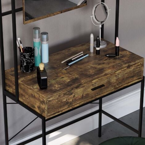 Brooklyn Industrial Dressing Table 1 Drawer Makeup Desk Vanity Set Bedroom Furniture, Dark Wood