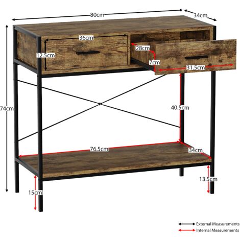 Brooklyn 2 Drawer Console Table Hallway Living Room Shelf Display Iron Legs, Dark-Wood