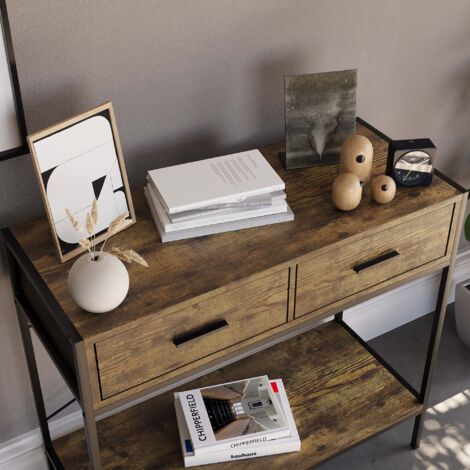 Brooklyn 2 Drawer Console Table Hallway Living Room Shelf Display Iron Legs, Dark-Wood