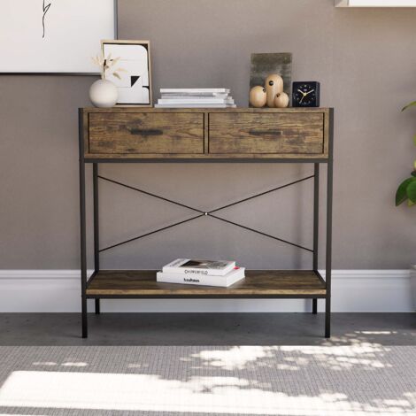 Brooklyn 2 Drawer Console Table Hallway Living Room Shelf Display Iron Legs, Dark-Wood