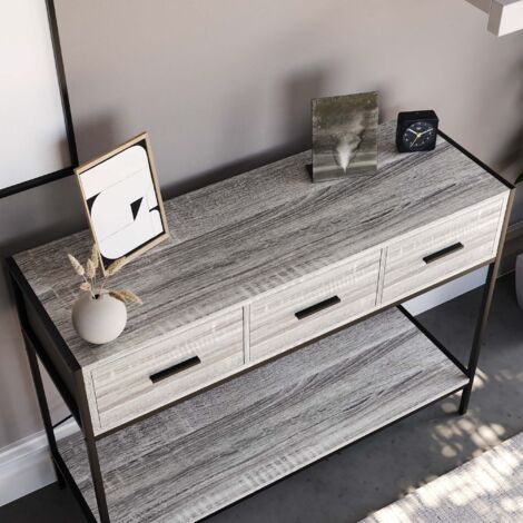 Brooklyn 3 Drawer Console Table Hallway Living Room Shelf Display Iron Legs, Grey