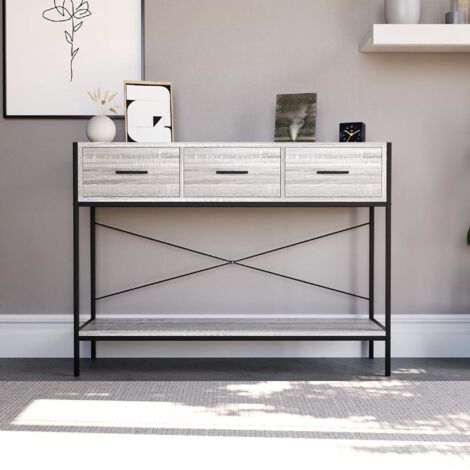 Brooklyn 3 Drawer Console Table Hallway Living Room Shelf Display Iron Legs, Grey