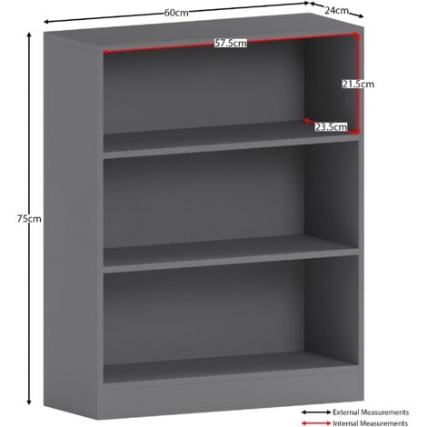 Cambridge 3 Tier Low Bookcase Shelving Storage Unit, Grey